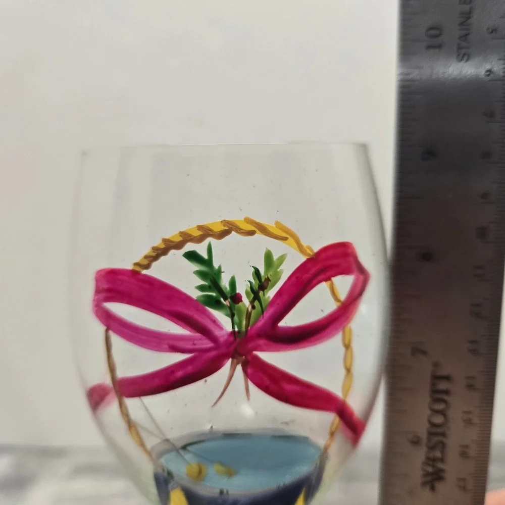 Hand Painted Christmas Wine Glass Holiday Drum Pink Bow Candy Cane Stem 9 inch